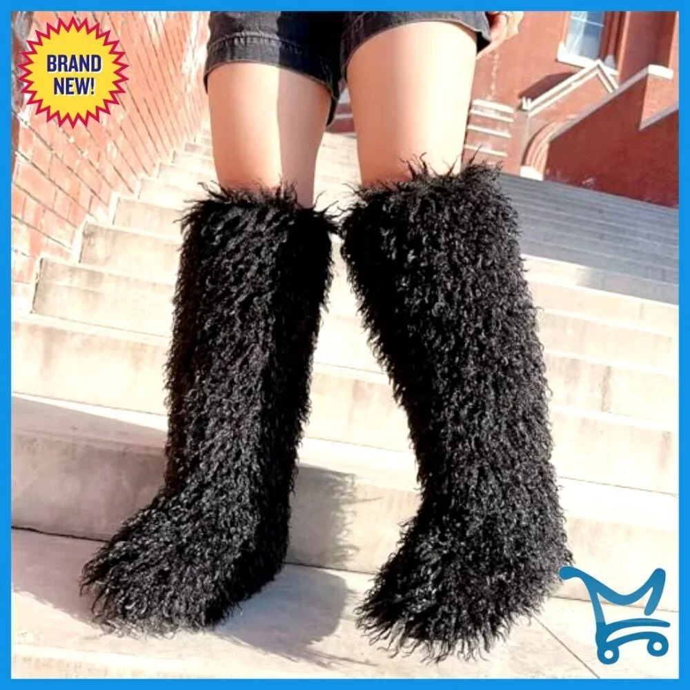 Faux Fur Tall Winter Boots, Mid-Calf Snow Boots, Pull-On Fuzzy Boots